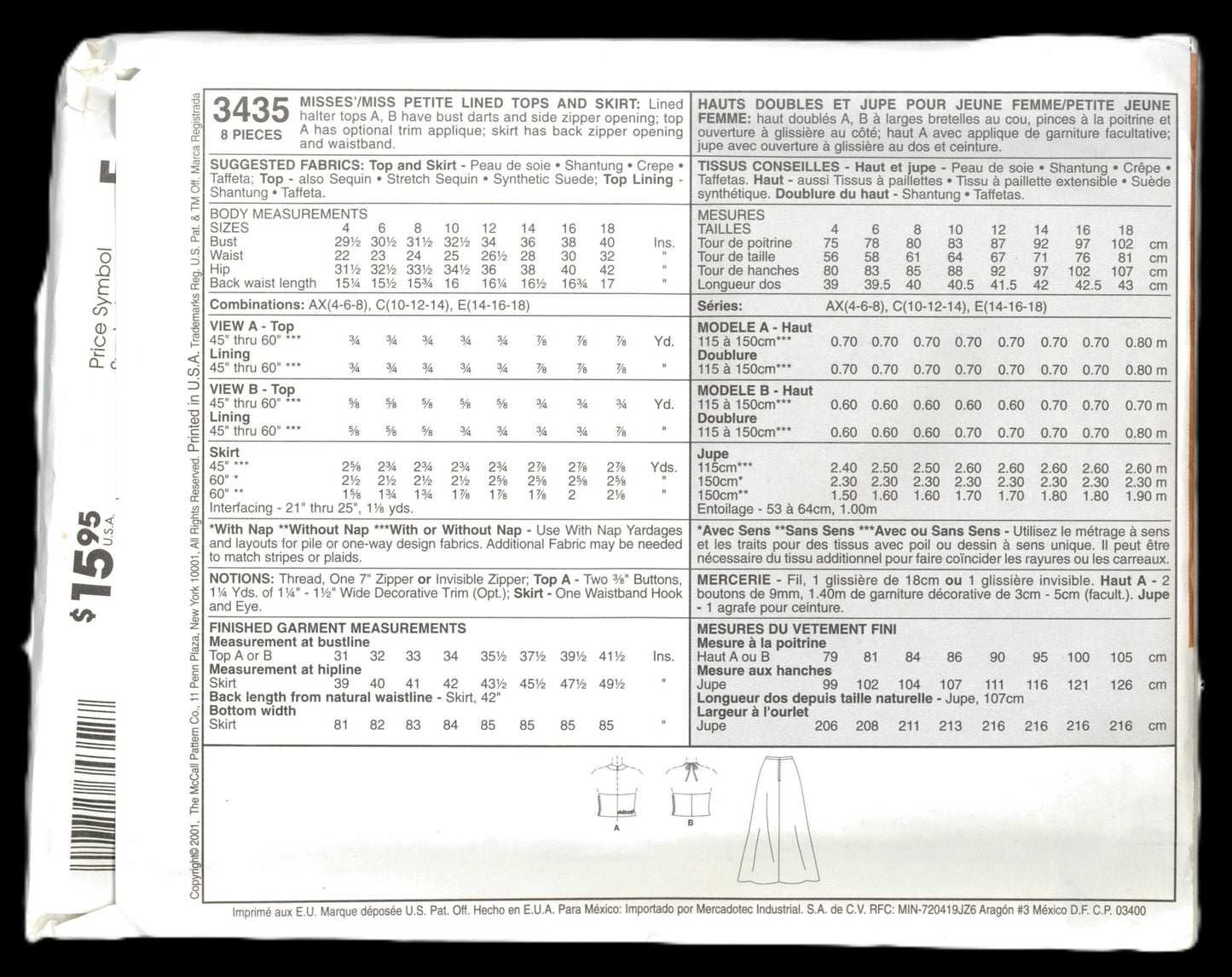 McCalls 3435 Evening Elegance Misses / Miss Petite Lined Tops and Skirt Sewing Pattern UNCUT - Size 10 12 14
