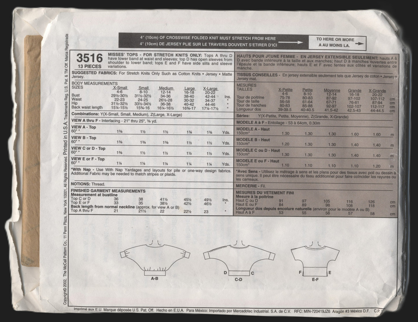 McCalls 3516 Misses Tops Sewing Pattern - UNCUT - Size Xsm Sml Med