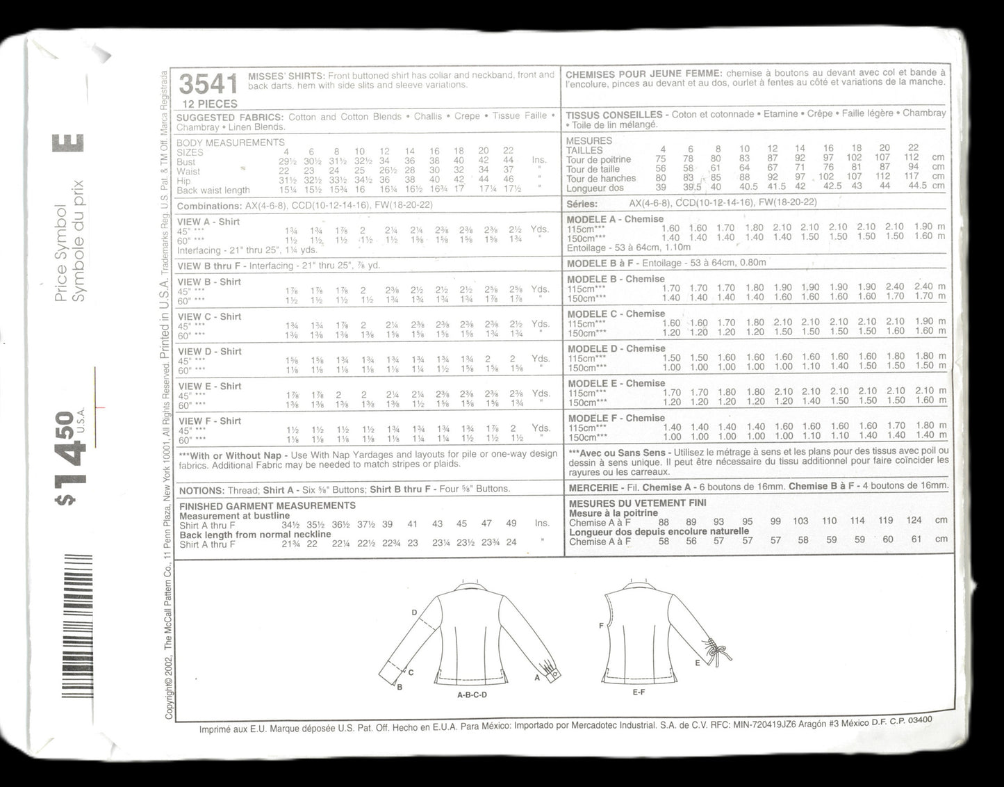 McCalls 3541 Misses Shirts Sewing Pattern UNCUT - Size 10 12 14 16