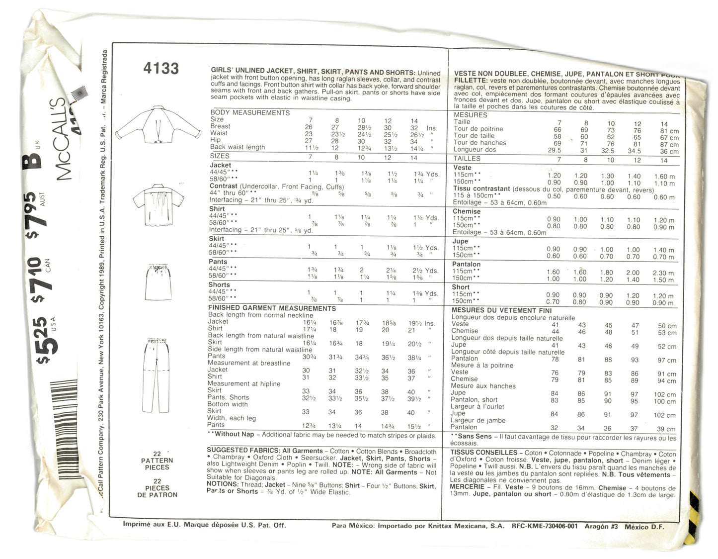 McCalls 4133 Girls Unlined Jacket, Shirt, Skirt, Pants and Shorts Sewing Pattern - UNCUT - Size 8