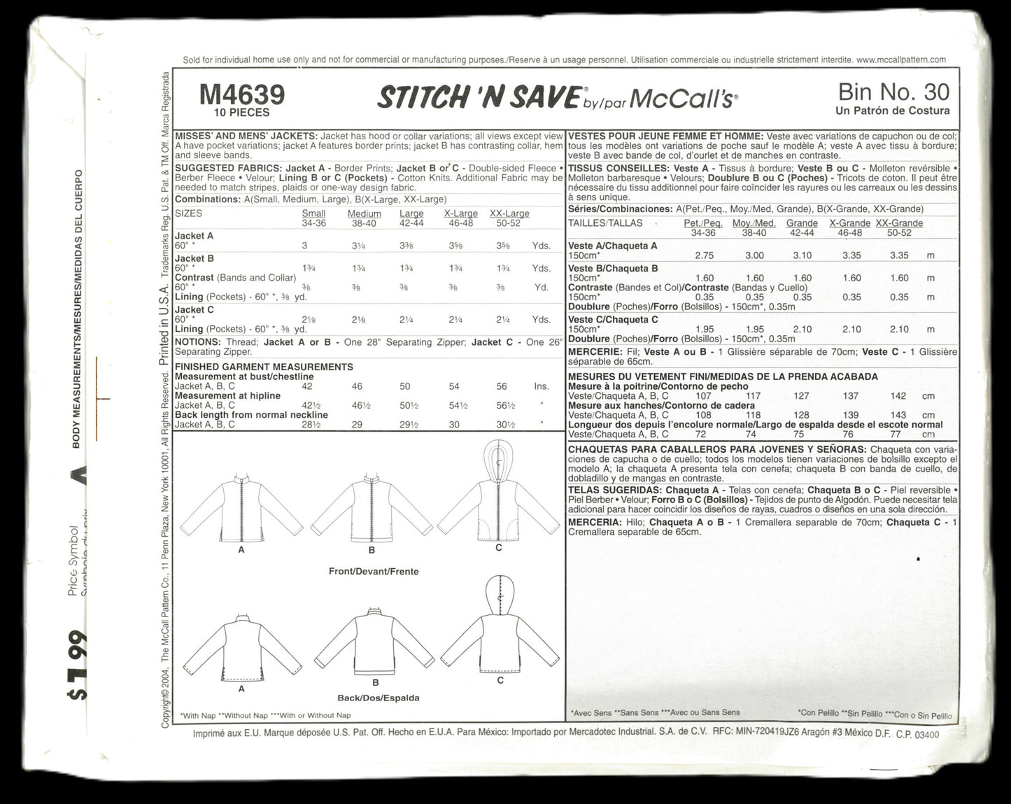 McCalls Stitch n Save 4639 Misses and Mens Jacket Sewing Pattern UNCUT - Size S M L