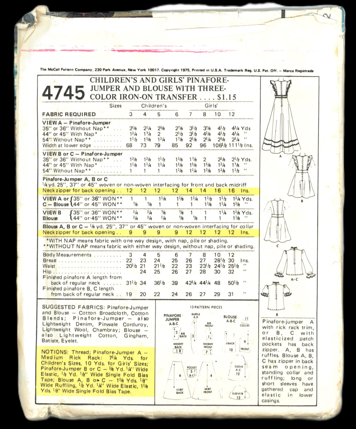 70s McCalls 4745 Girls Pinafore Jumper and Blouse with Three Color Iron transfers Sewing Pattern - UNCUT - Size 10