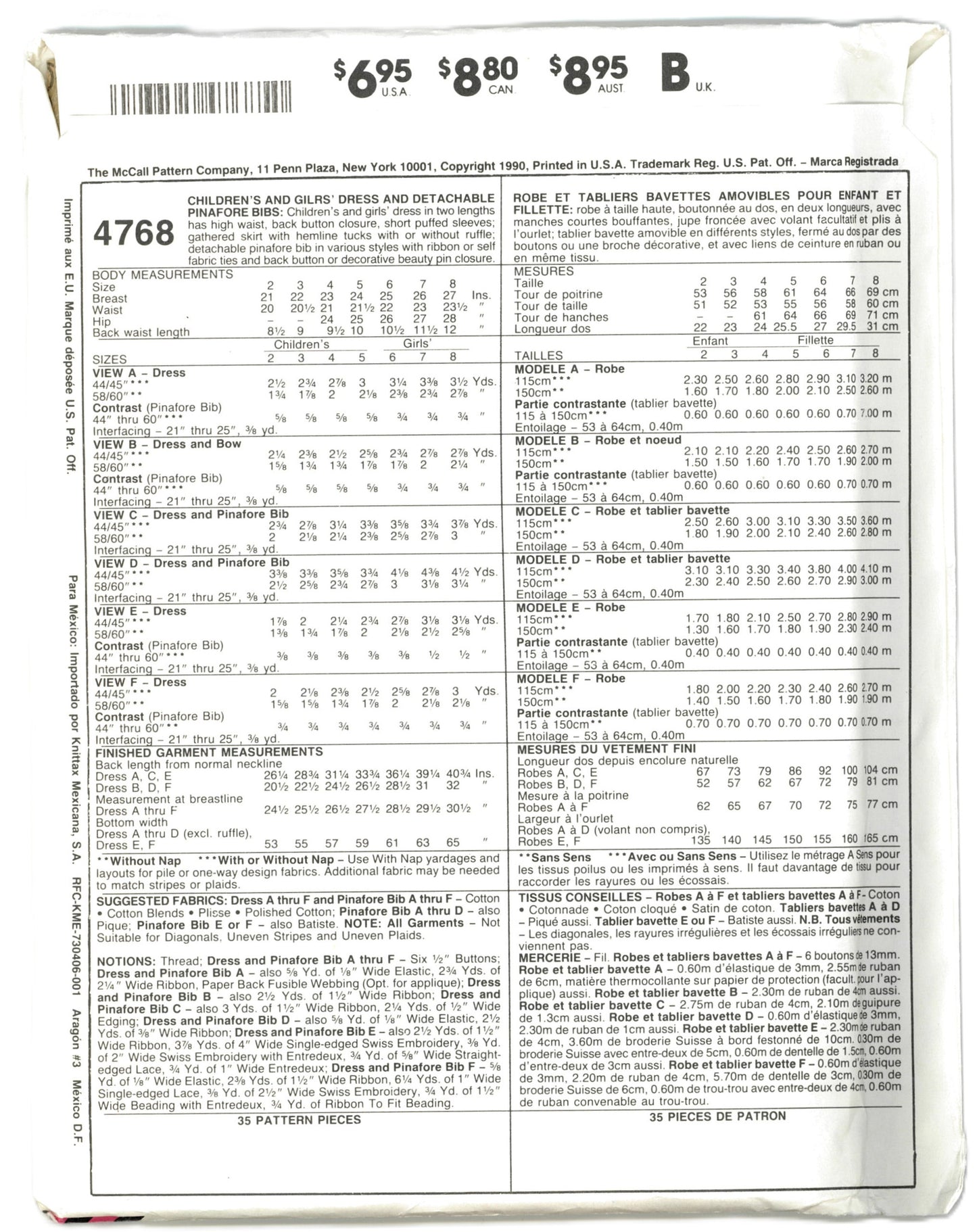 McCalls 4768 Children's Girls Dress and Detachable Pinafore Bibs Sewing Pattern UNCUT Size 4 or Size 6