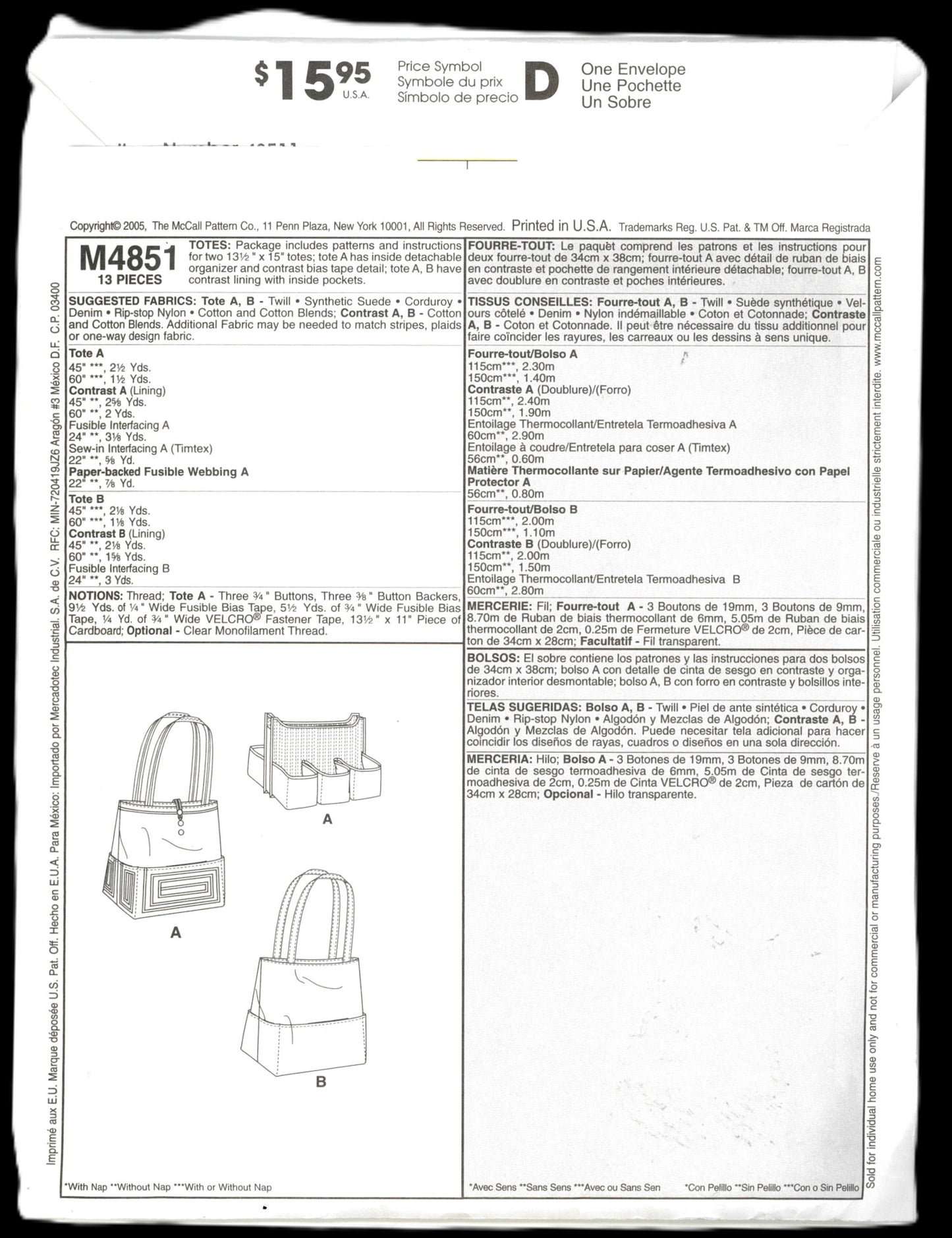 McCalls 4851 Nancy Zieman Totes Sewing Pattern - UNCUT