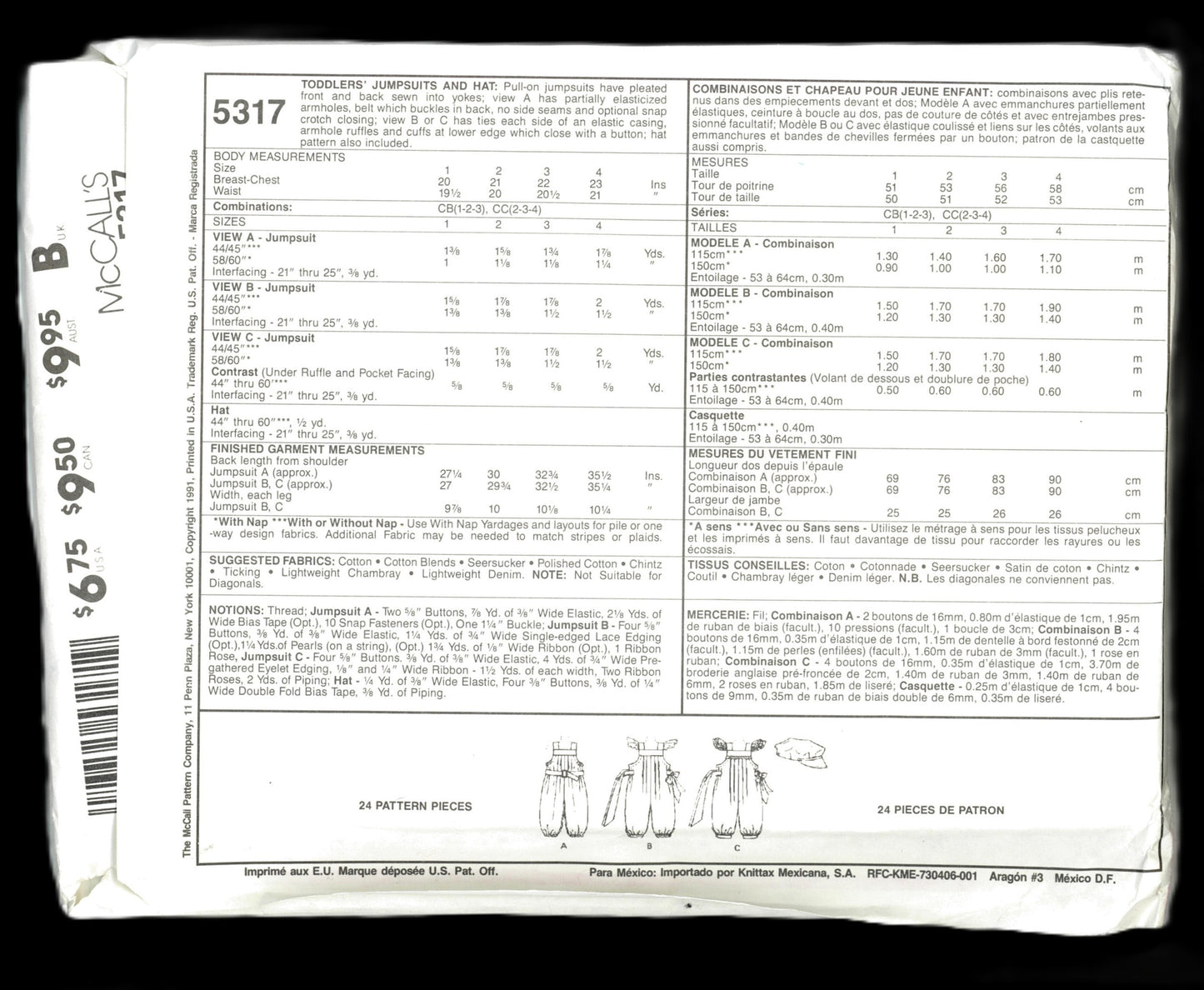 McCalls 5317 Gooseberry Hill Toddlers Jumpsuits and Hat Sewing Pattern - UNCUT - Size 1 2 3