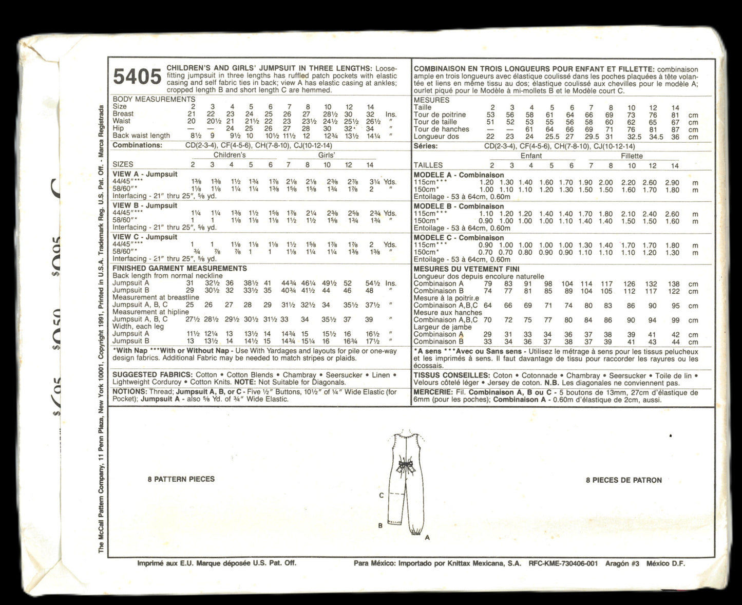 McCalls 5405 Laura Ashley Childrens and Girls Jumpsuit in Three Lengths Sewing Pattern - UNCUT - Size 4 5 6