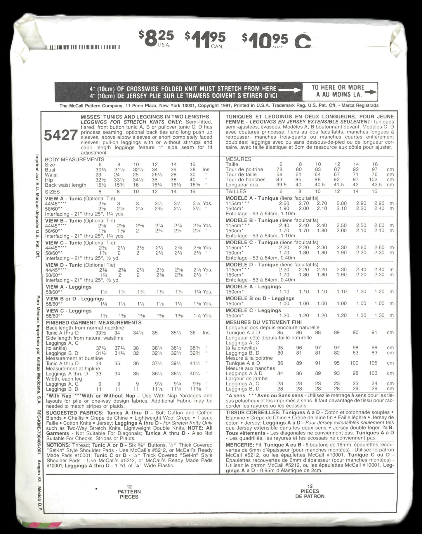 McCalls 5427 Misses Tunics and Leggings in Two Lengths Sewing Pattern - UNCUT - Size 8