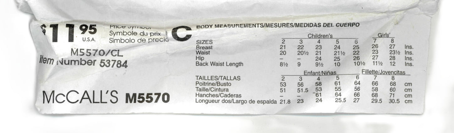 McCalls 5570 Children's Girls Lined Dresses and Sash Sewing Pattern UNCUT Size 6 7 8