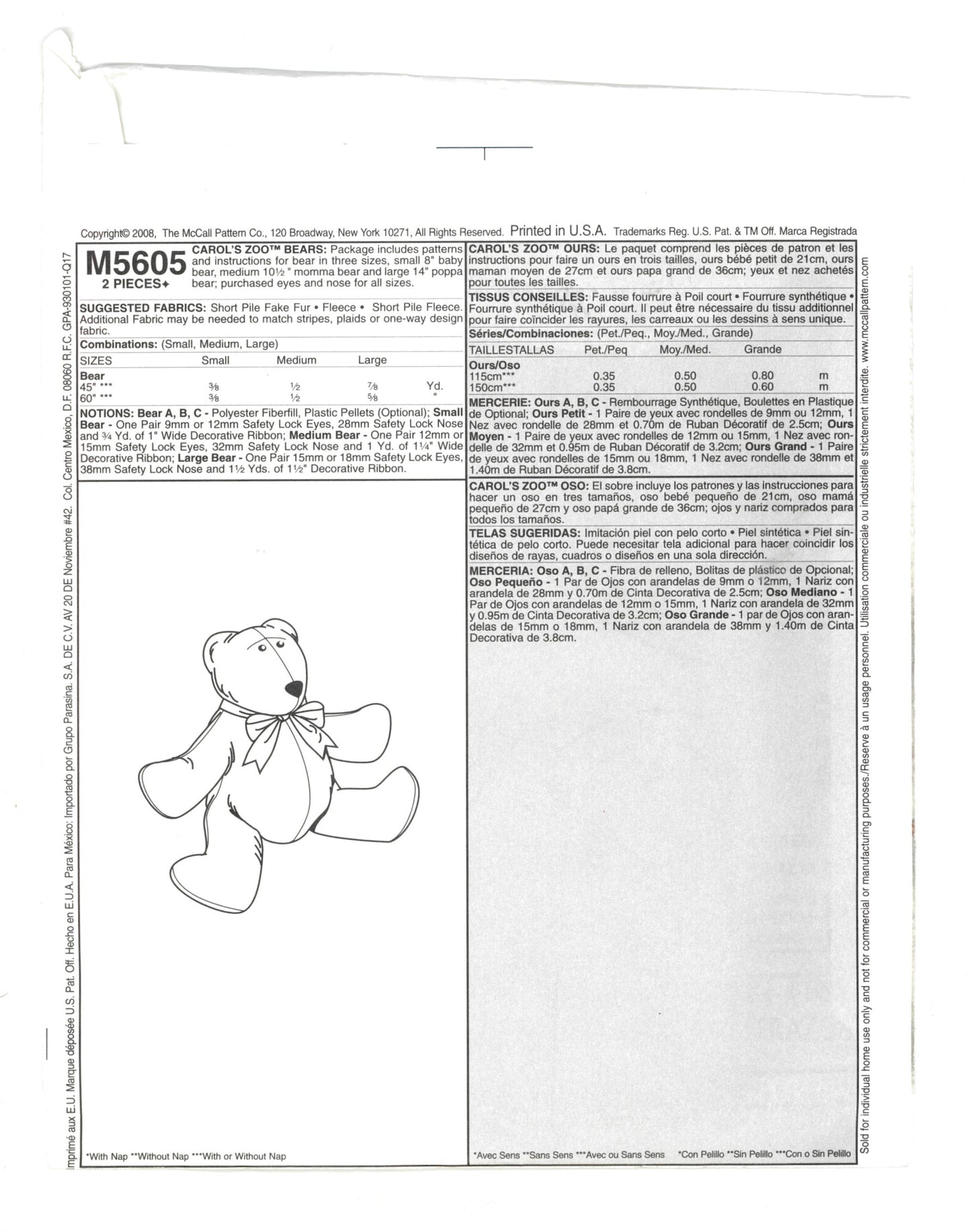 McCalls 5605 Carol's Zoo Bears Sewing Pattern UNCUT