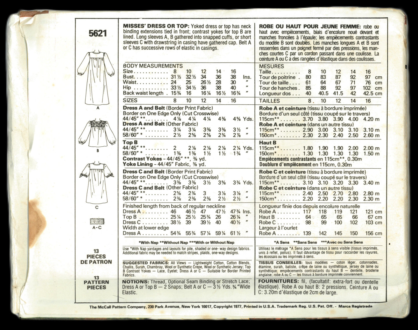 McCalls 5621 Misses Dress or Top Sewing Pattern - UNCUT - Size 10 ( Bust 32 1/2)