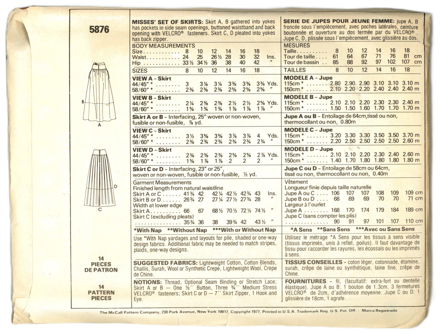 70s McCalls 5876 Misses Set of Skirts Sewing Pattern - UNCUT - Size 10 Waist 32 1/2