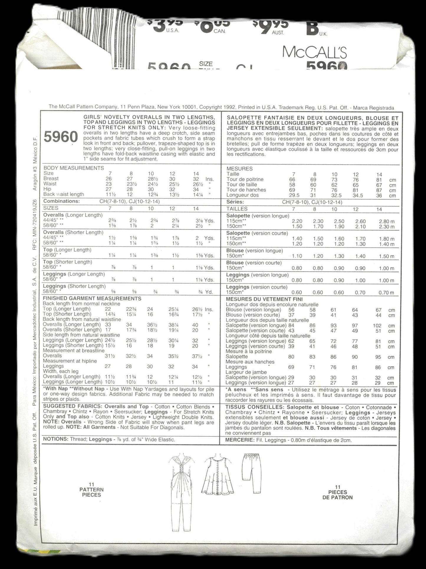 McCalls 5960 Girls Novelty Overalls in Two Lengths, Top and Leggings in Two Lengths Sewing Pattern UNCUT Size 10 12 14
