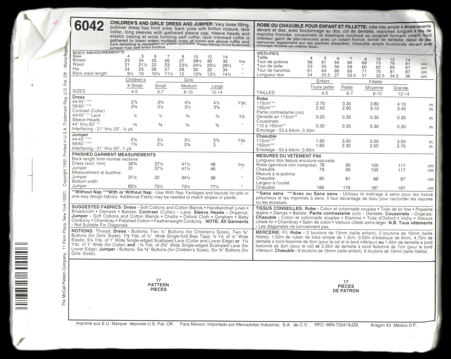 McCalls 6042 Girls Dress and Jumer Sewing Pattern - UNCUT - Size Large ( 12,14)