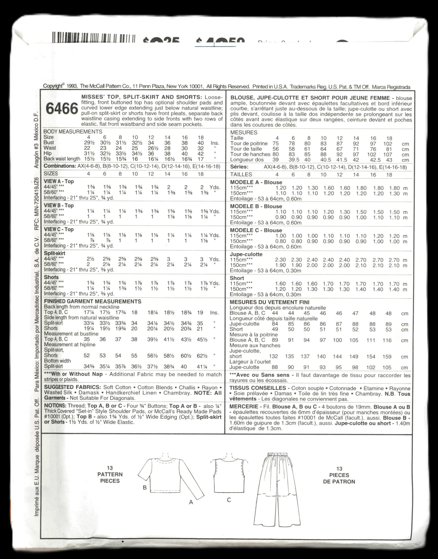 McCalls 6466 Misses Top Spilt Skirt and Shorts Sewing Pattern - UNCUT - Size 8 10 12