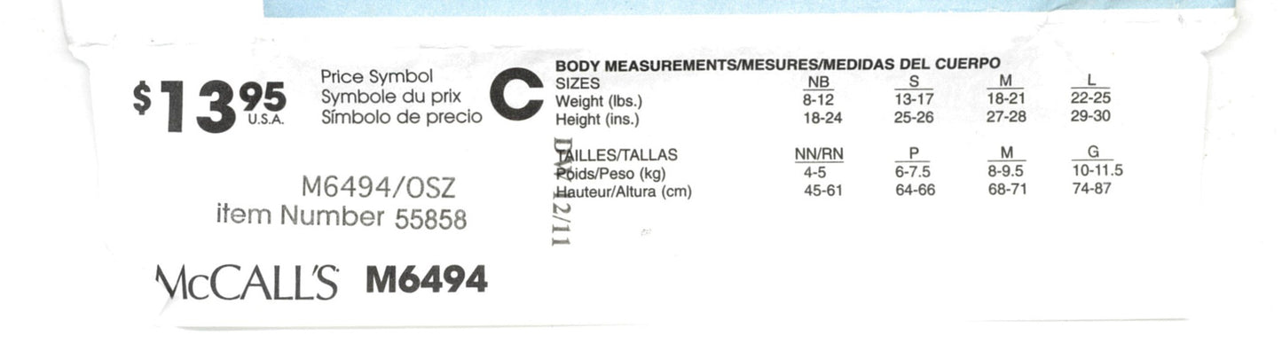 McCalls 6494 Infants Dress, Rompers, Jumpsuit, Panties and Hats Sewing Pattern - UNCUT - Size NB Sml Med Lrg
