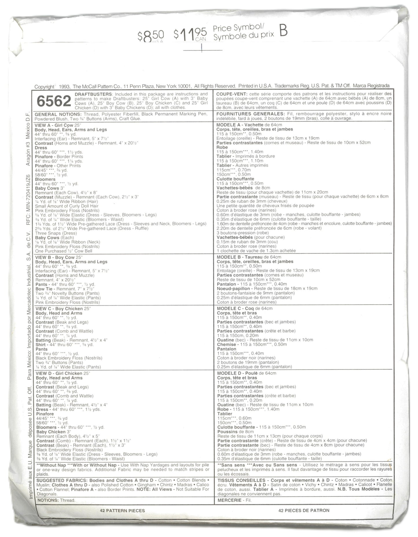 McCalls 6562 Chickens and Cows Draft Busters Sewing Pattern UNCUT