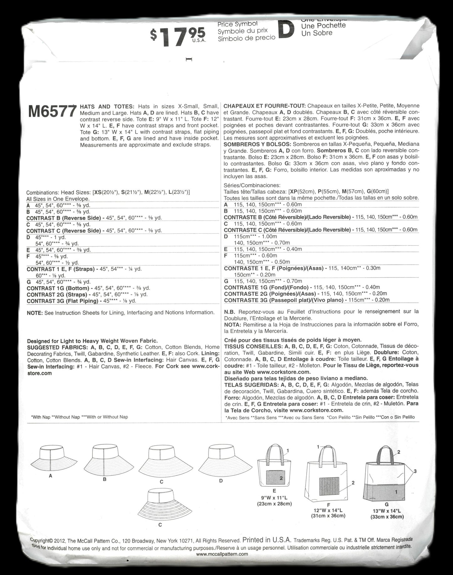 McCalls 6577 Hats and Totes Sewing Pattern - UNCUT