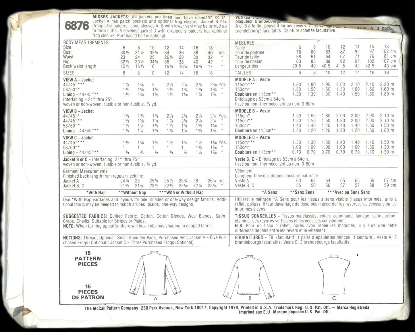 McCalls 6876 Misses Jackets Sewing Pattern - UNCUT - Size 6