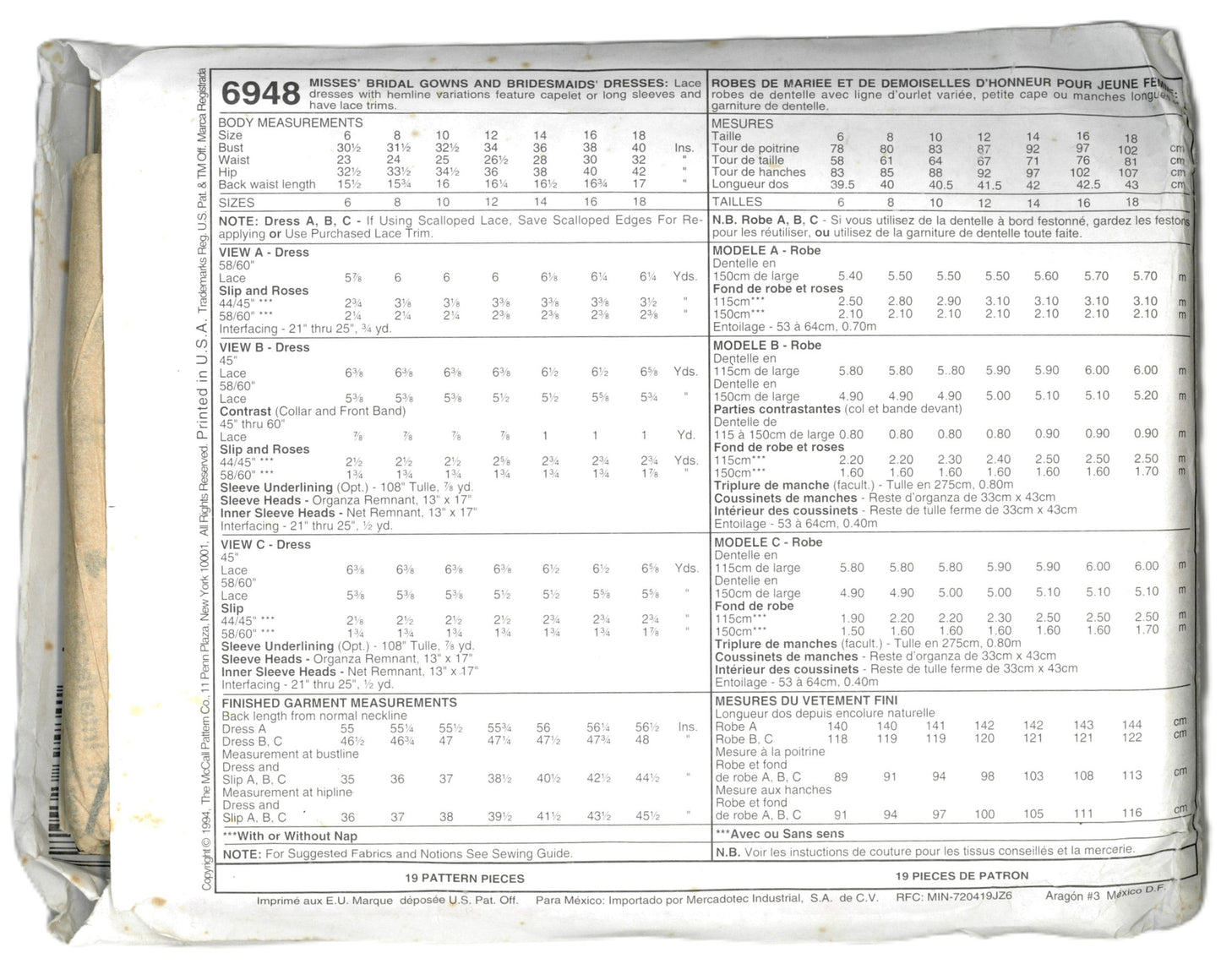 McCalls 6948 Alicyn Misses Bridal Gowns and Bridesmaids Dresses Sewing Pattern - UNCUT - Size 12