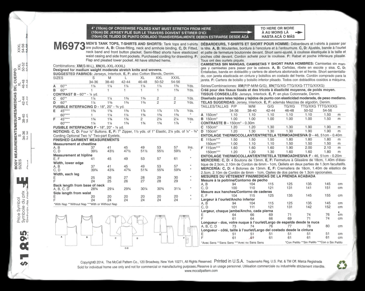 McCalls 6973 Mens Tank Tops. T Shirts and Shorts Sewing Pattern UNCUT Size Sml Med Lrg