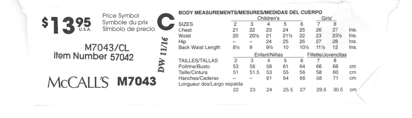 McCalls 7043 Girls / Dolls Tops Dresses and Leggings Sewing Pattern - UNCUT Size 6 7 8