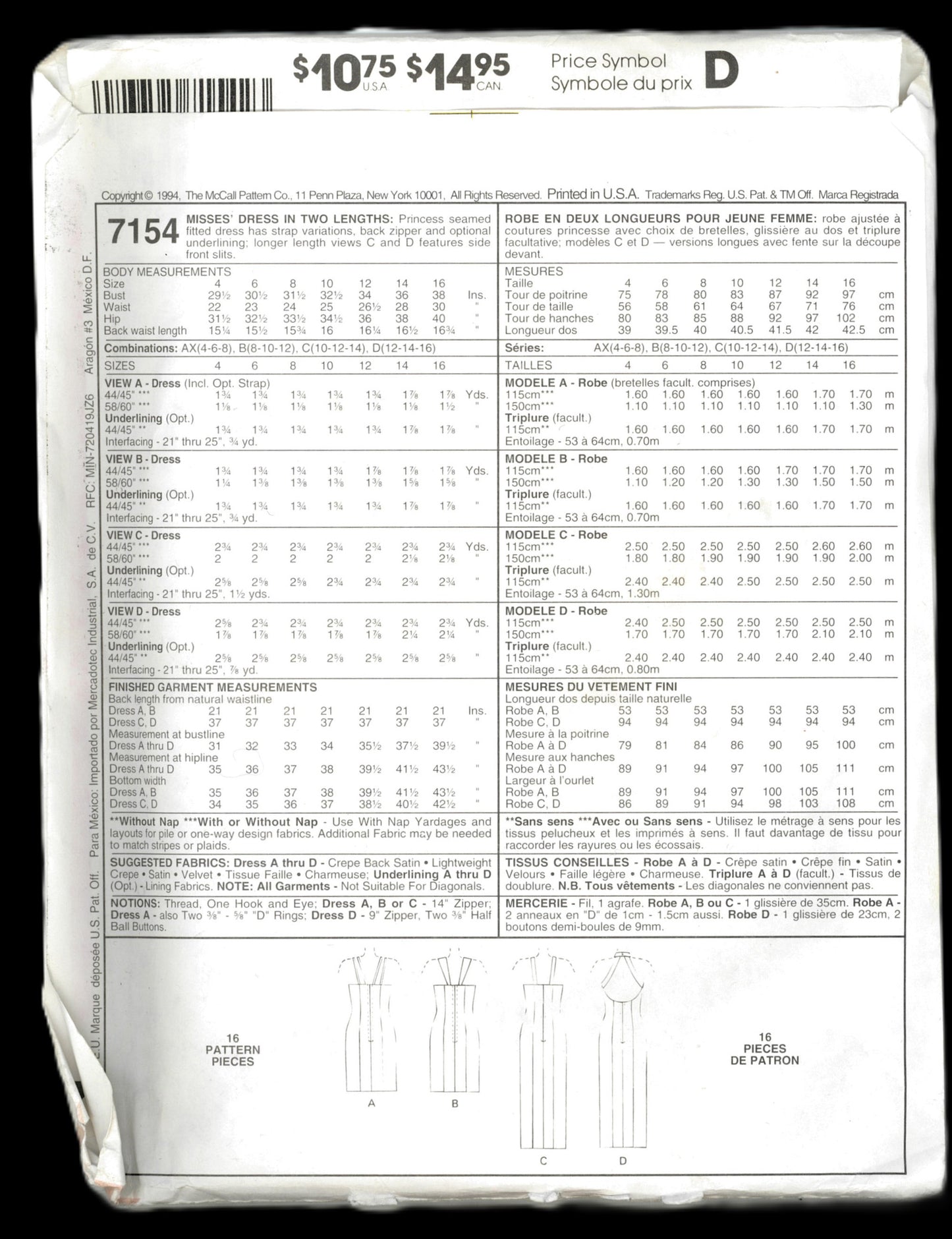 McCalls 7154 Misses Dress in Two Lengths Sewing Pattern - UNCUT - Size 8 10 12