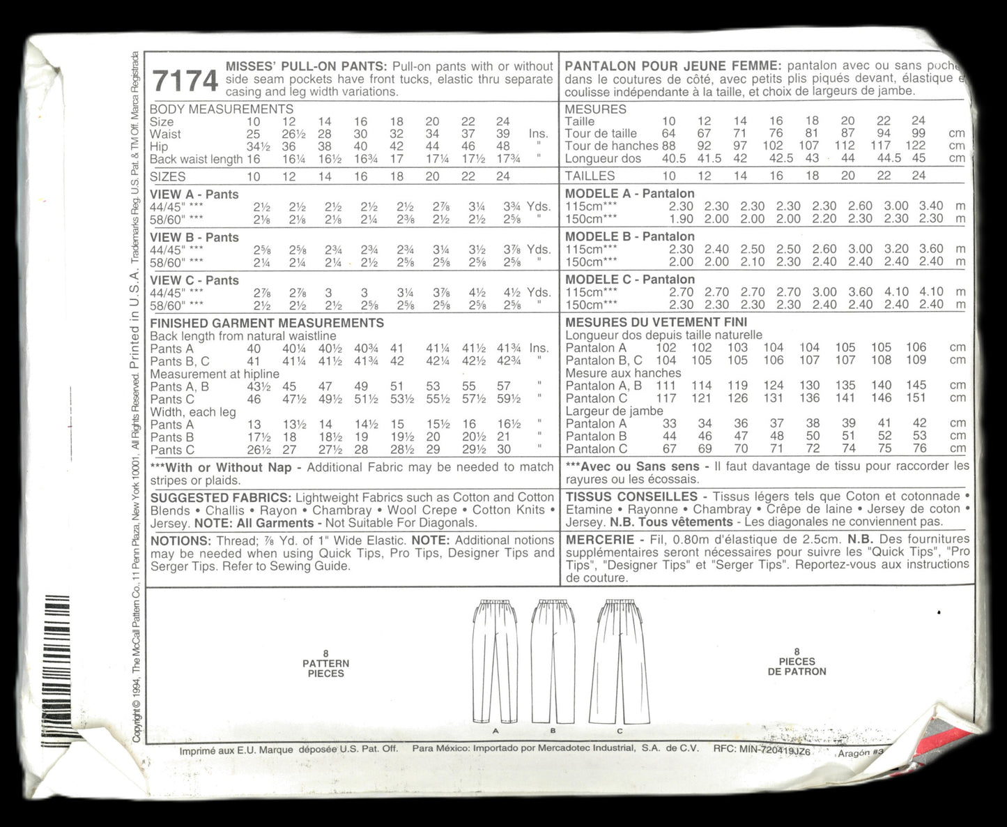 McCalls 7174 Palmer / Pletsch Misses Pull on Pants Sewing Pattern UNCUT Size 14