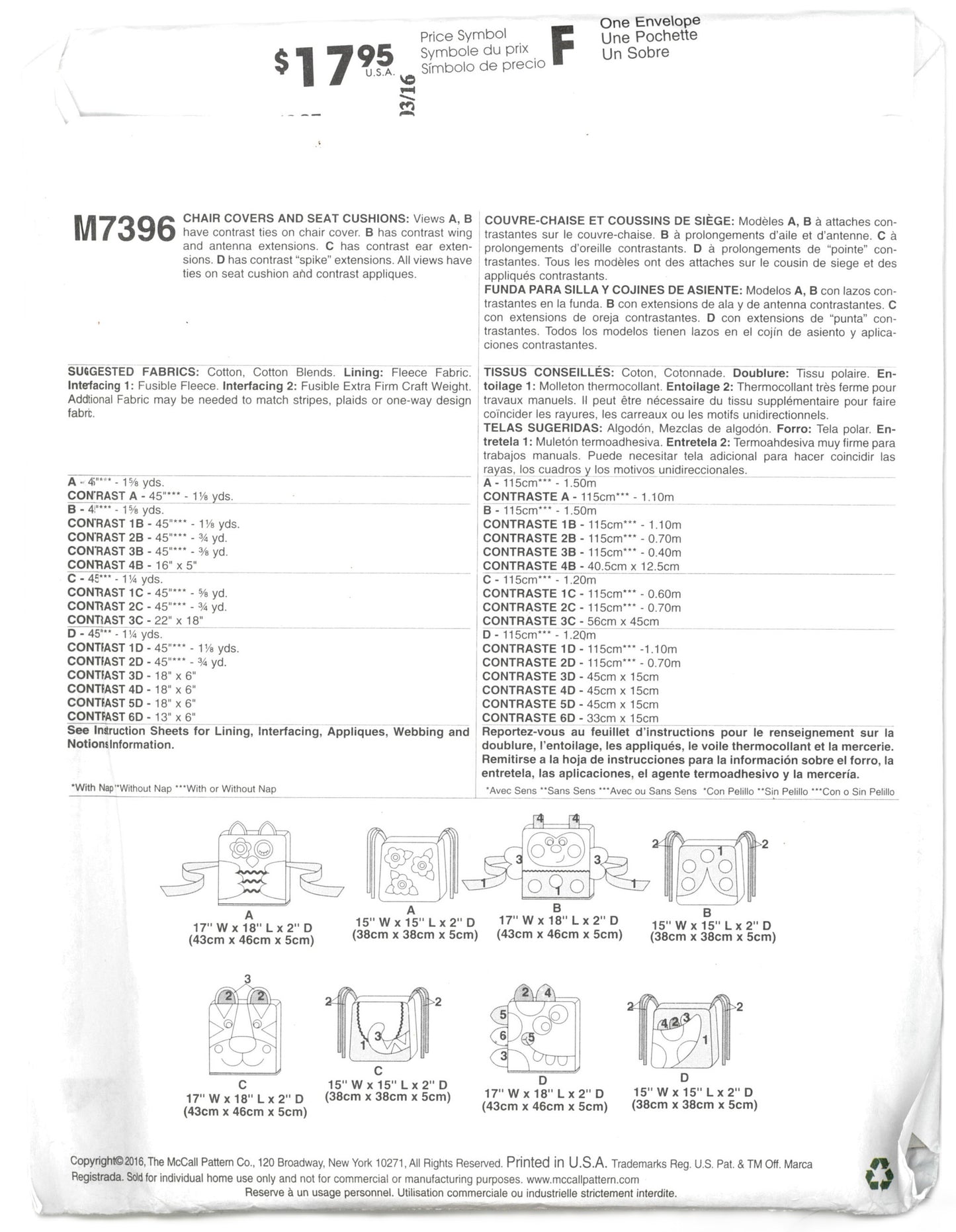 McCalls 7396 Animal Motifs Chair Covers and Seat Cushions Sewing Pattern - UNCUT