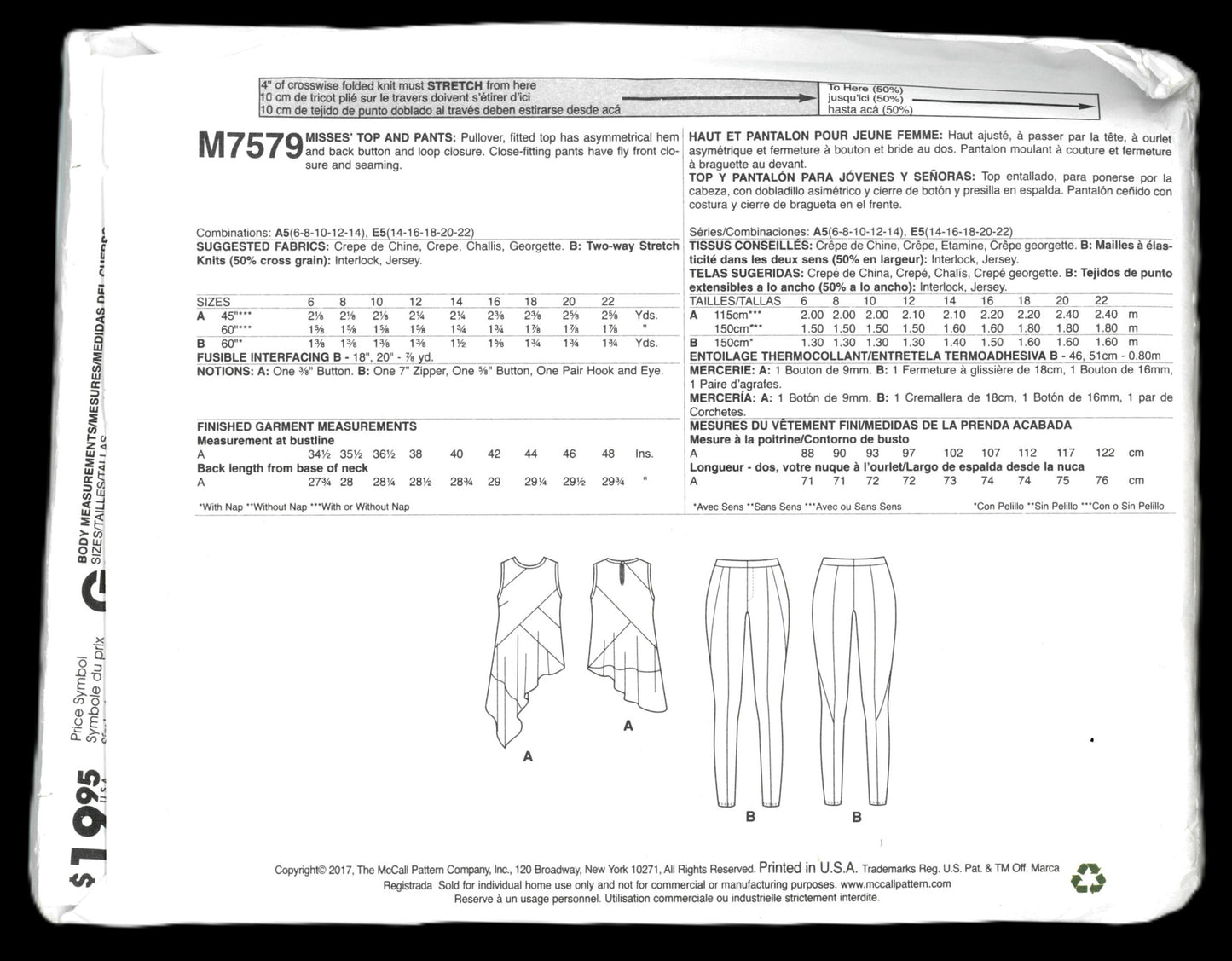 McCalls 7579 Nicole Miller Misses Top and Pants Sewing Pattern - UNCUT - Size 14 16 18 20 22