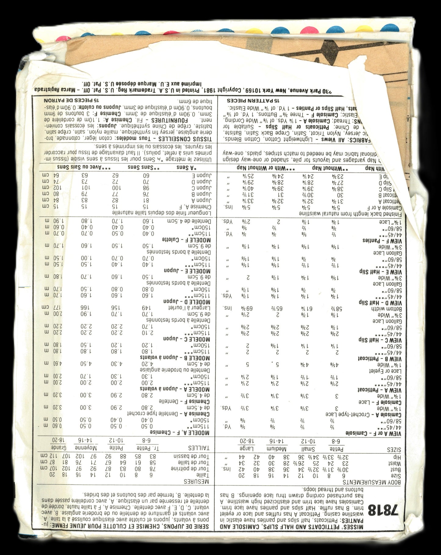 McCalls 7818 Misses Petticoats and Half Slips Camisole and Panties Sewing Pattern - UNCUT - Size Small