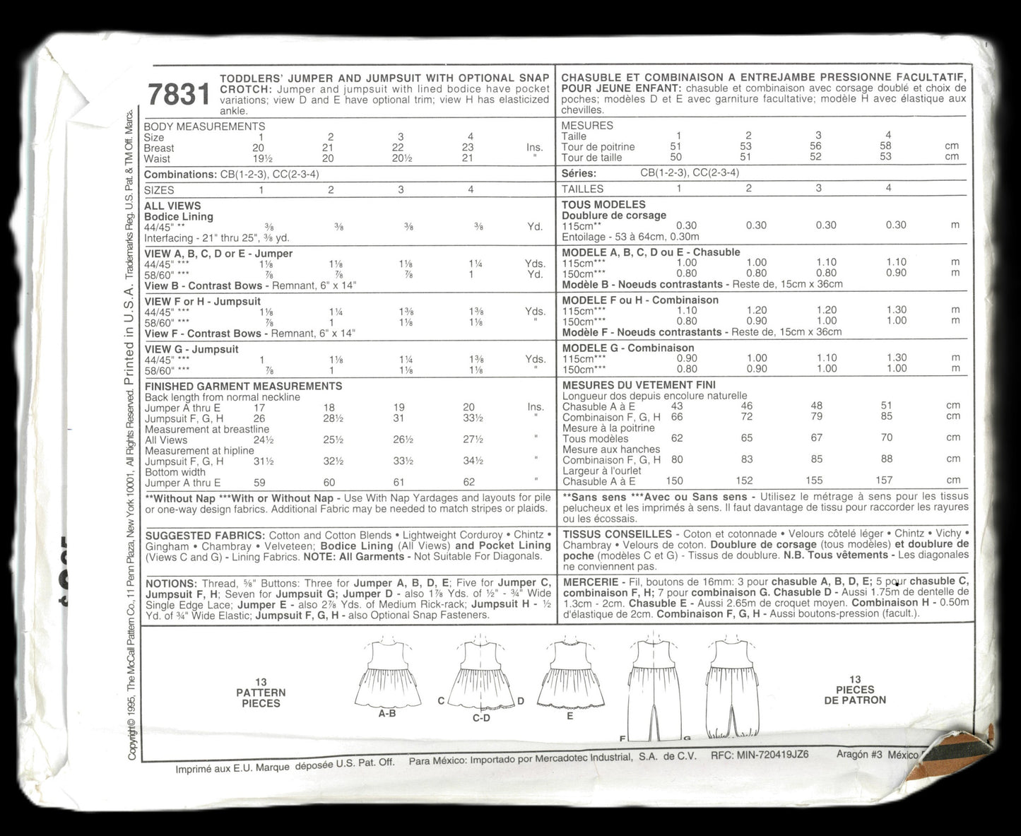 McCalls 7831 Toddlers Jumper and Jumpsuit with Optional Snap Crotch Sewing Pattern - UNCUT - Size 1 2 3