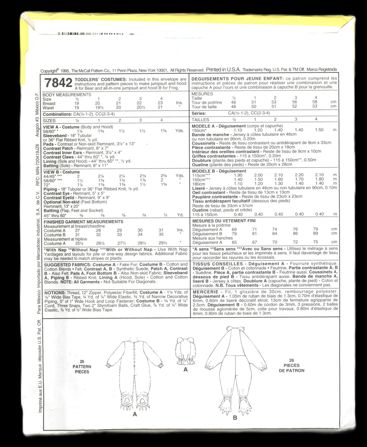 McCalls 7842 Toddlers Bear and Frog Costumes Sewing Pattern - UNCUT - Size 2 3 4