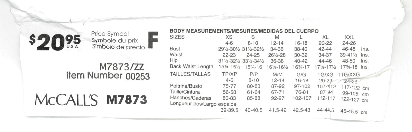 McCalls 7873 Misses Tops and Pants Sewing Pattern - UNCUT - Size Lrg, Xlg , XXL