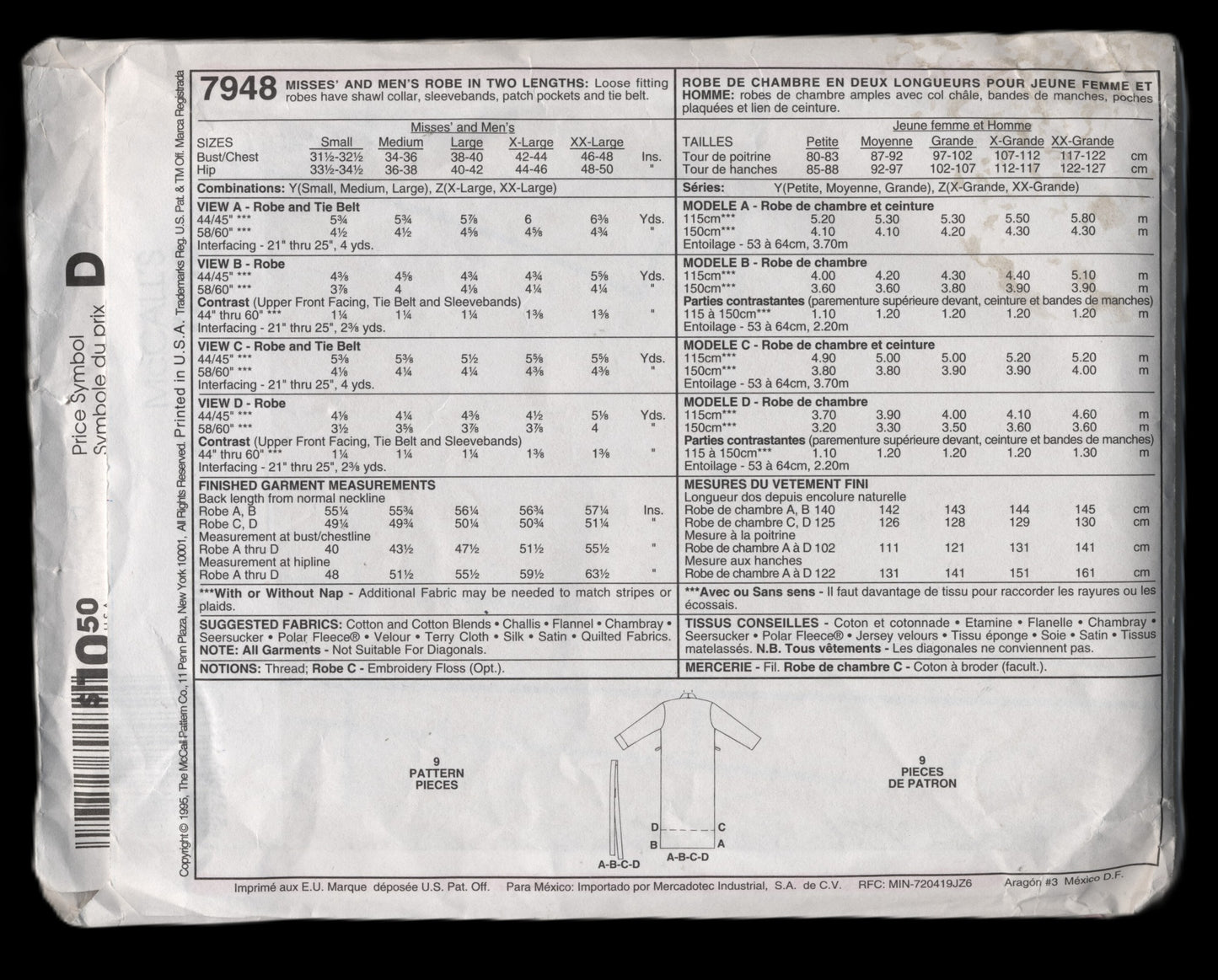 McCalls 7948 Misses and Mens Robe in Two Lengths Sewing Pattern - UNCUT - Size Xlg - Xxl