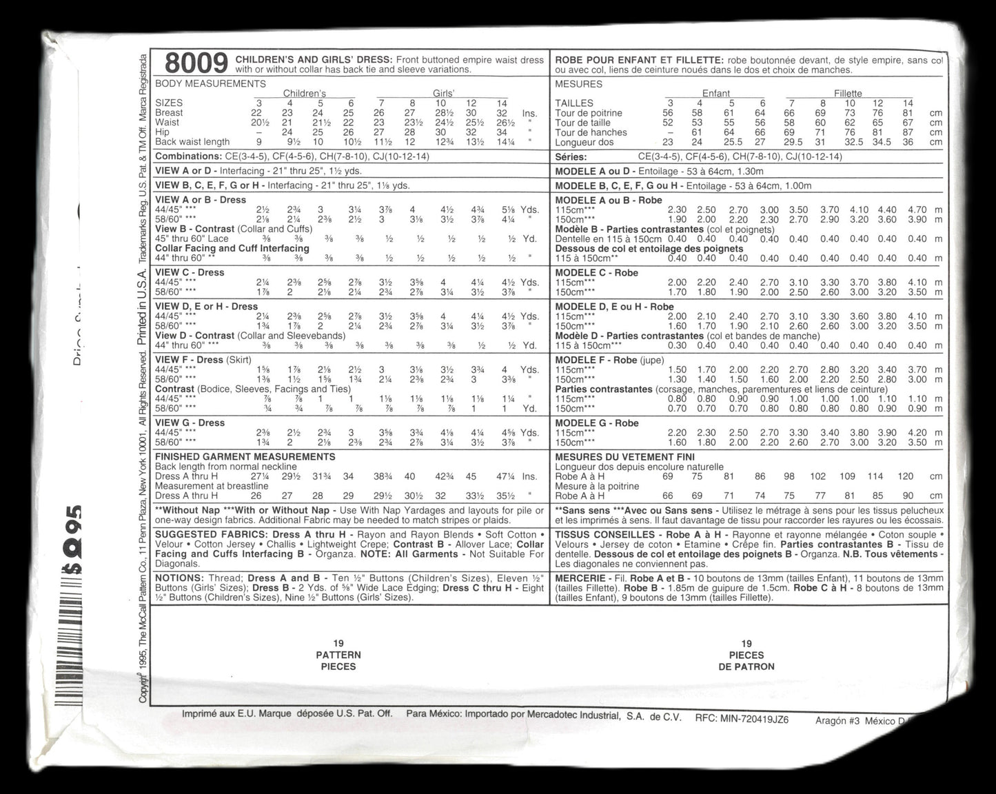 McCalls 8009 Children's Girls Dress Sewing Pattern UNCUT Size 7 8 10