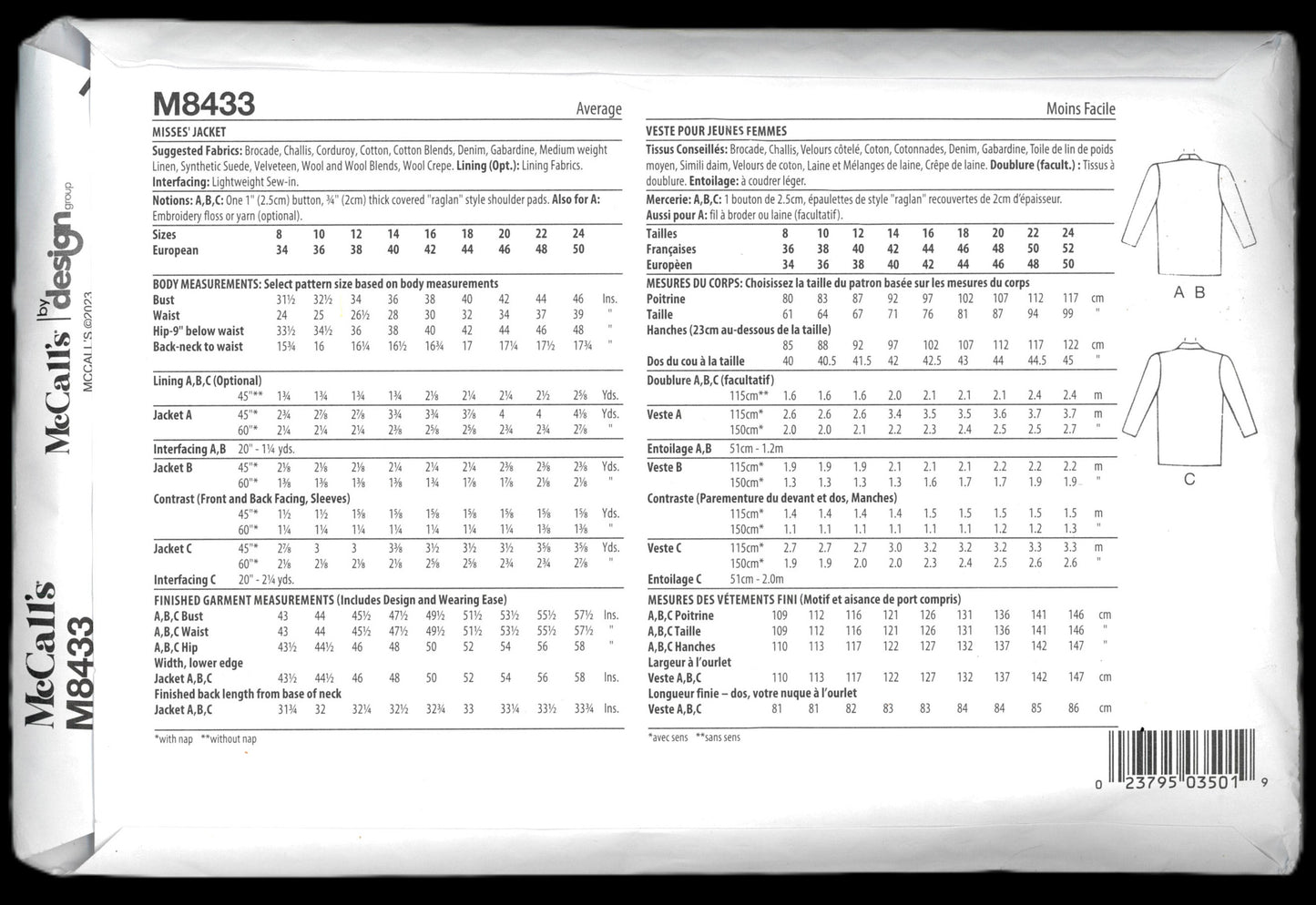 McCalls 8433 MissesJackets Sewing Pattern - UNCUT - Size 16 18 20 22 24