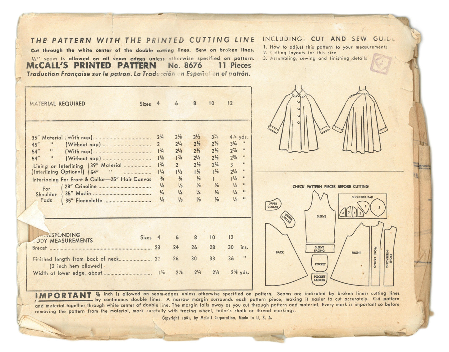 50s McCalls 8676 Girls Coat Sewing Pattern - UNCUT Size 12
