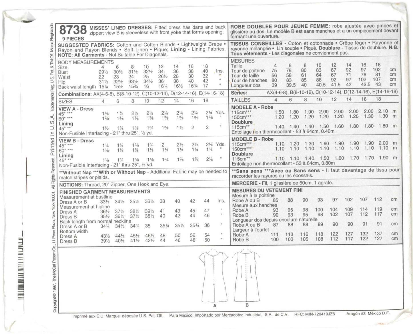McCalls 8738 LAUNDRY Misses Lined Dresses Sewing Pattern - UNCUT - Size 8 10 12