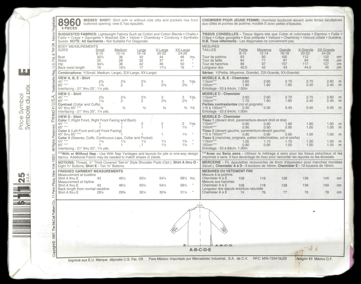 McCalls 8960 Misses Shirt Sewing Pattern UNCUT - Size Sml Med Lrg