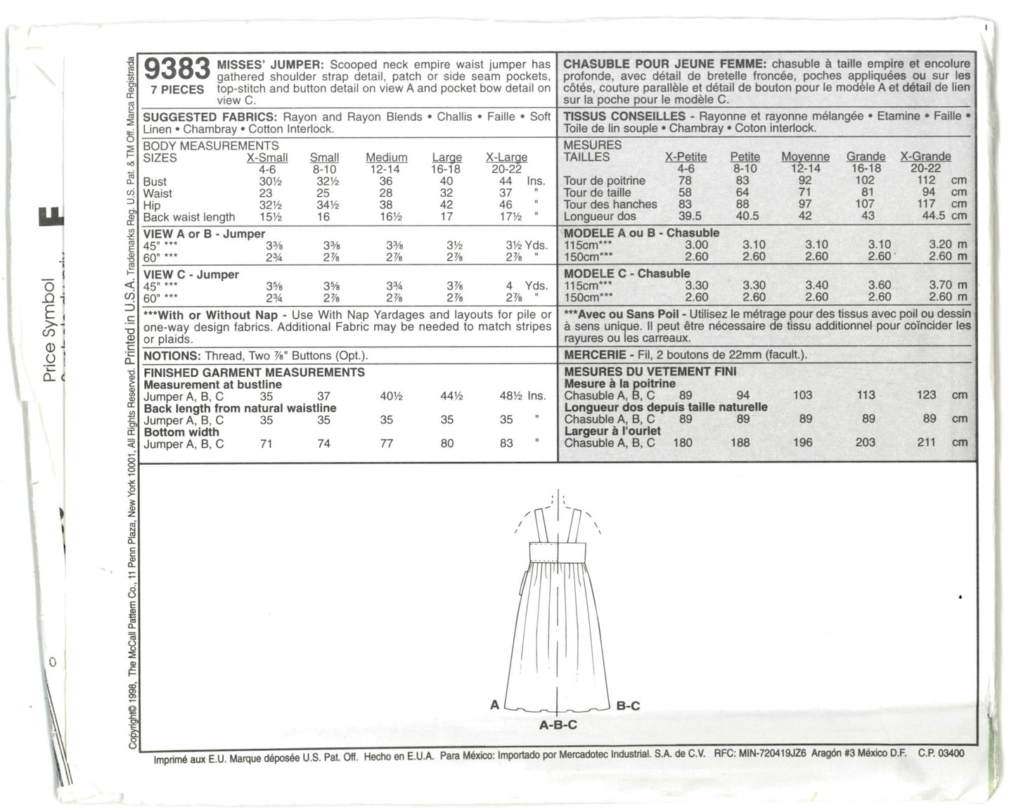 McCalls 9383 MIsses Jumper Sewing Pattern - UNCUT - Size Small (8,10)