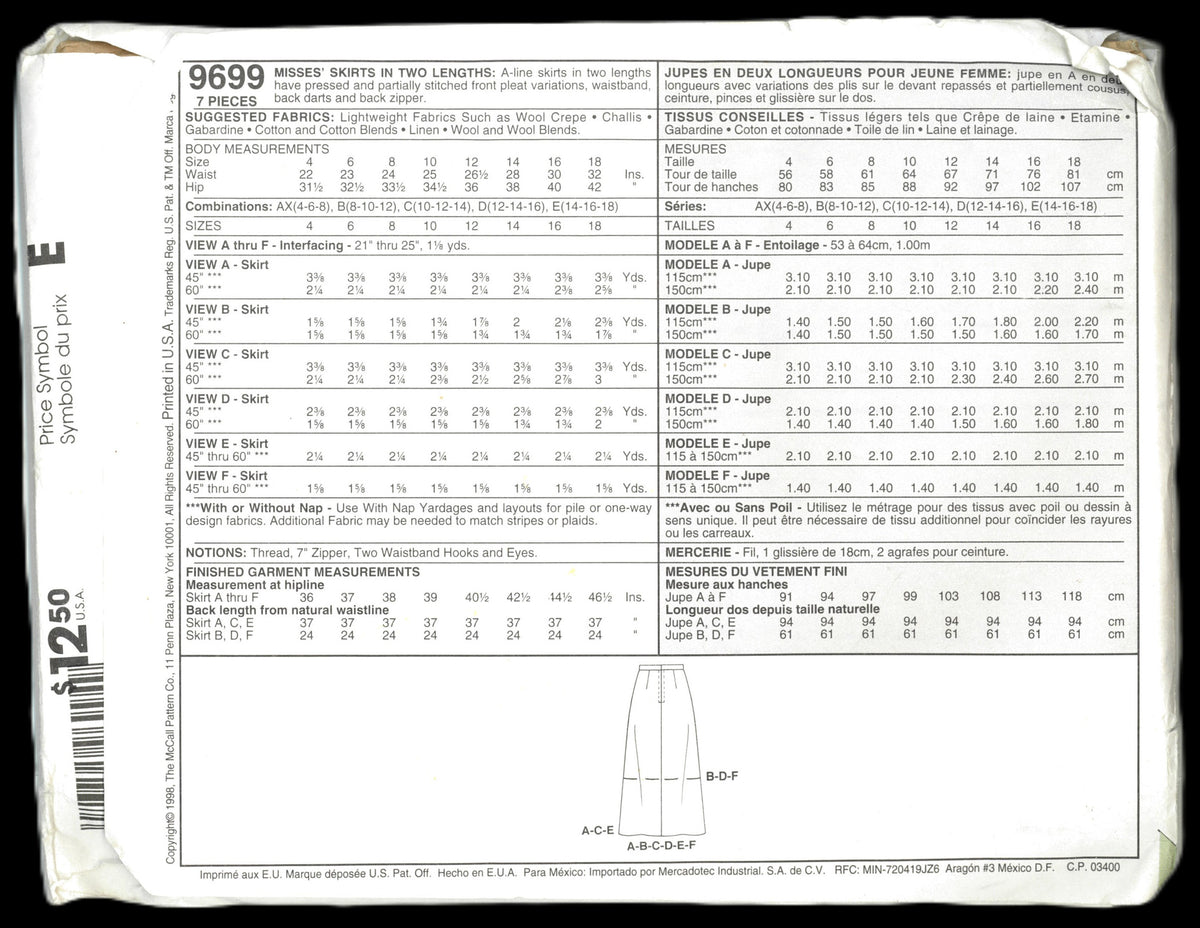 McCalls 9699 Misses Skirts in Two Lengths Sewing Pattern UNCUT Size 8 10 12 or Size 12 14 16