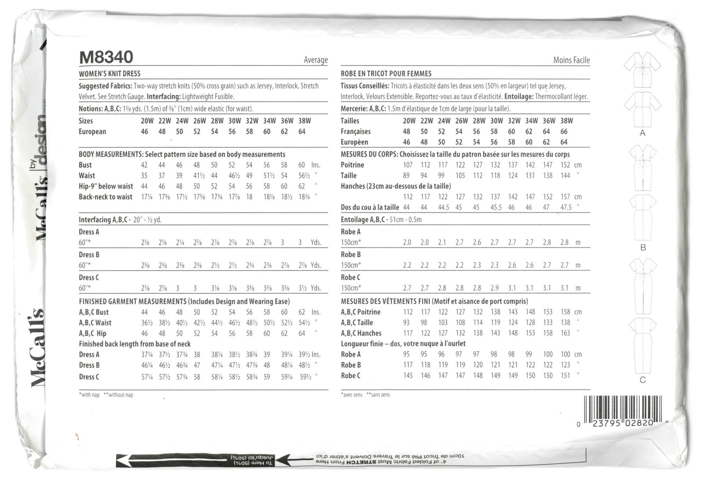 McCalls 8340 Womens Knit Dress Sewing Pattern UNCUT Size 30w 32w 34w 36w 38w