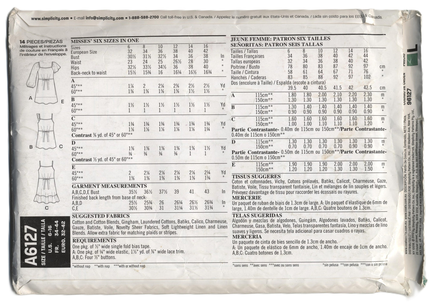 New Look 6127 Misses Summer Tops Sewing Pattern - UNCUT - Size 6 - 16