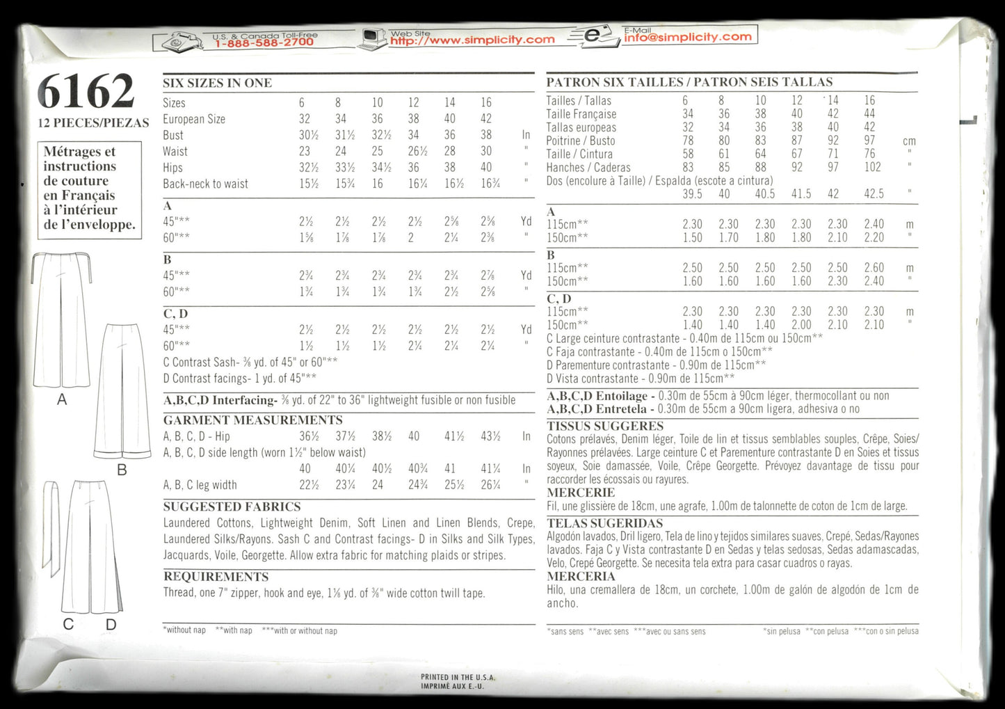 New Look 6162 Misses Pants Sewing Pattern - UNCUT - Size 6 - 16