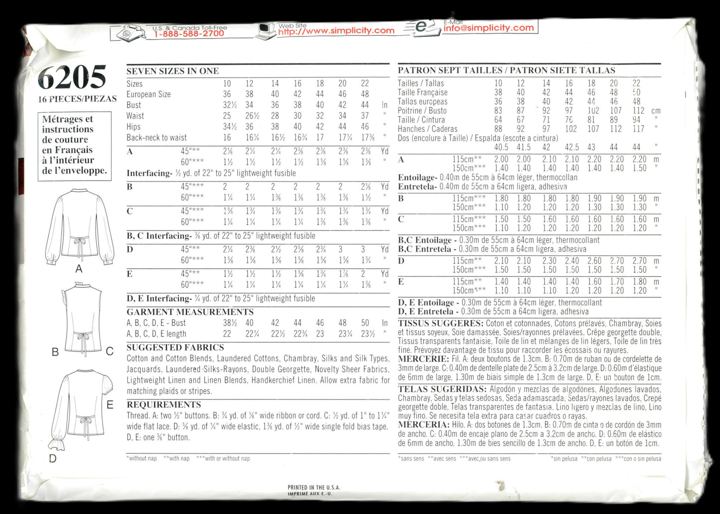 New Look 6205 Misses Blouse Sewing Pattern - UNCUT - Size 10 - 22