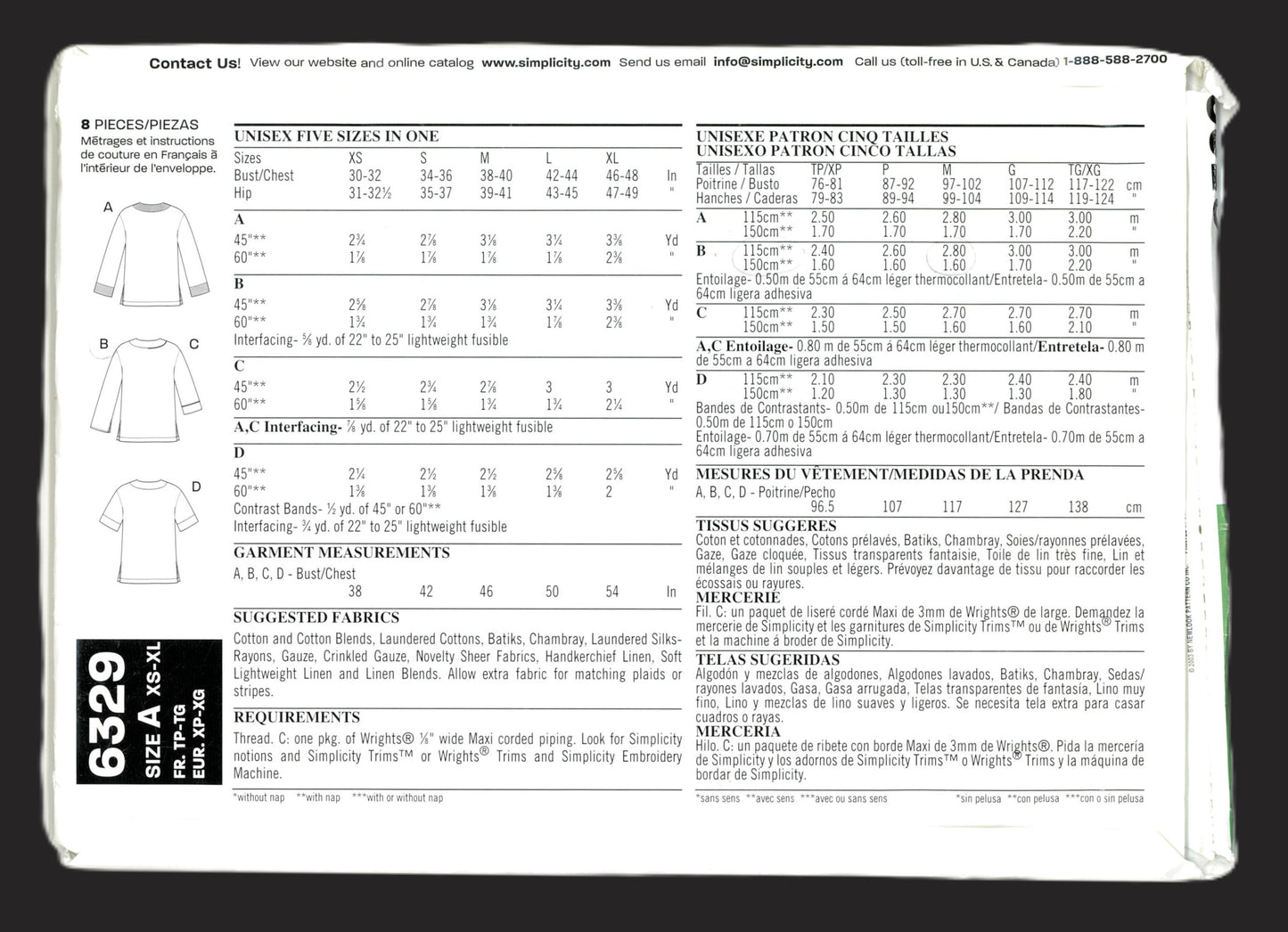 New Look 6329 Unisex Misses and Men's Tunic Top Sewing Pattern - UNCUT - Size XS -XL