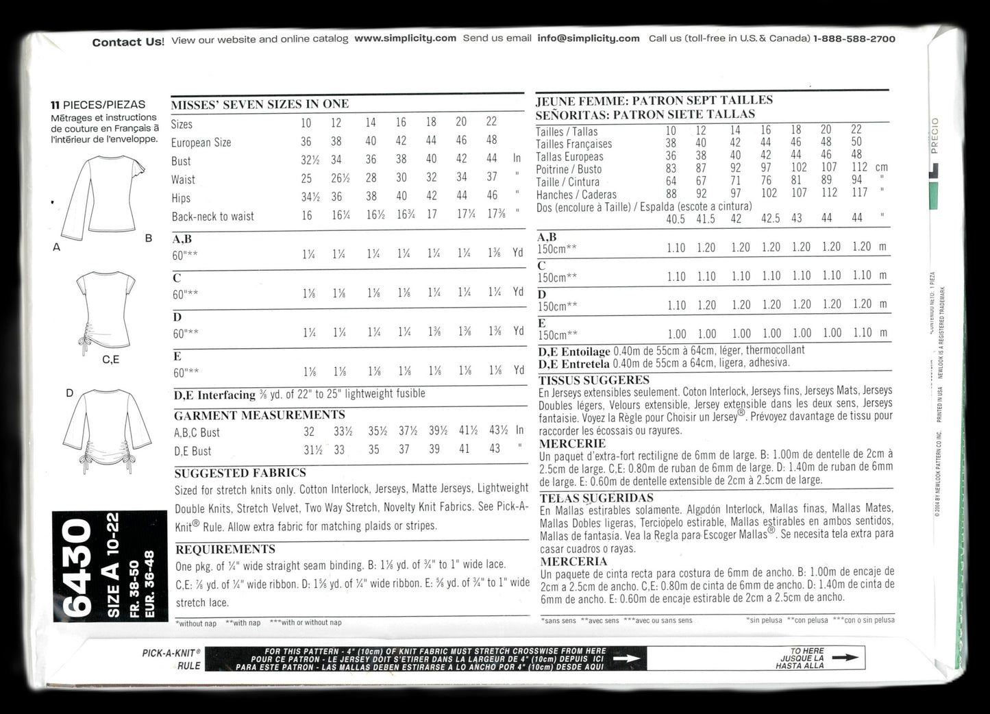 New Look 6430 Misses Knit Tops Sewing Pattern UNCUT - Size 10 - 22