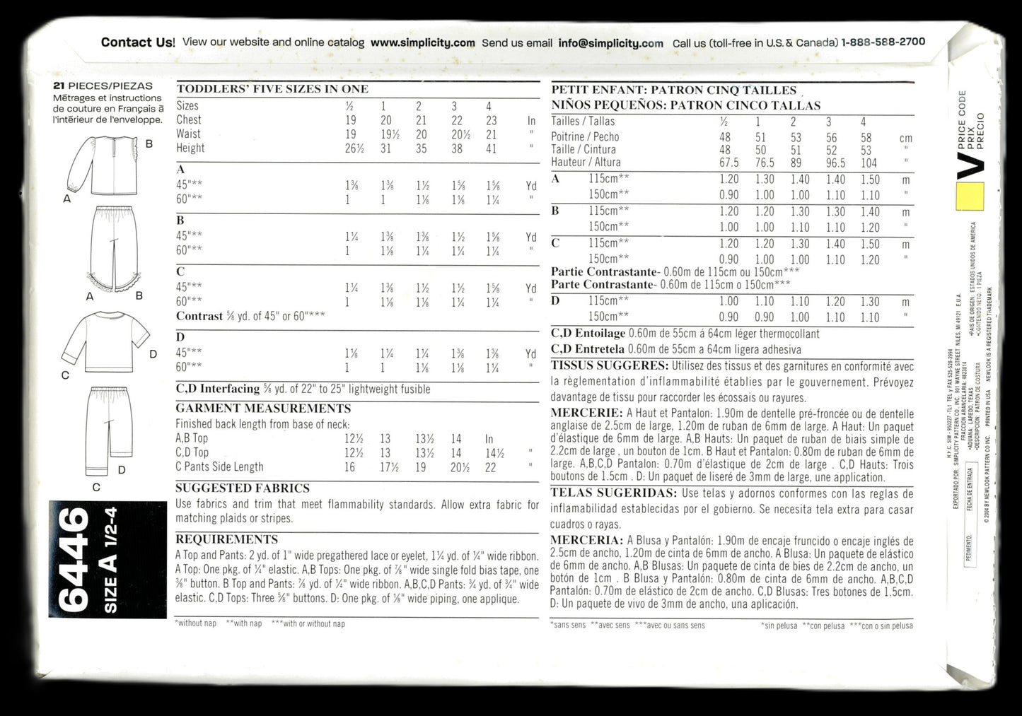 New look 6446 Toddlers Pajama Tops and Pants Sewing Pattern UNCUT Size 1/2 1 2 3 4