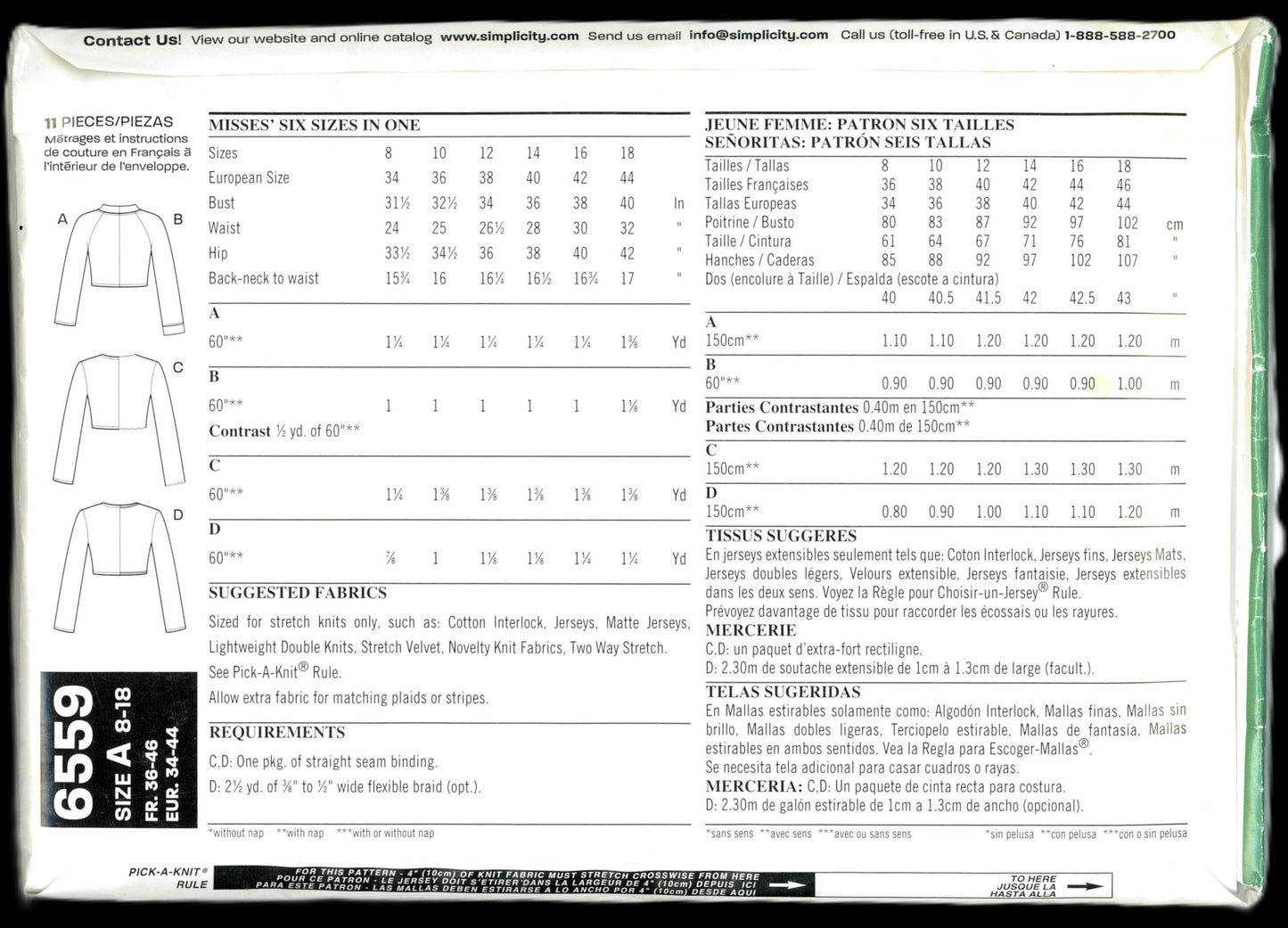 New Look 6559 Misses Knit Bolero Jacket Sewing Pattern UNCUT Size 8 - 18