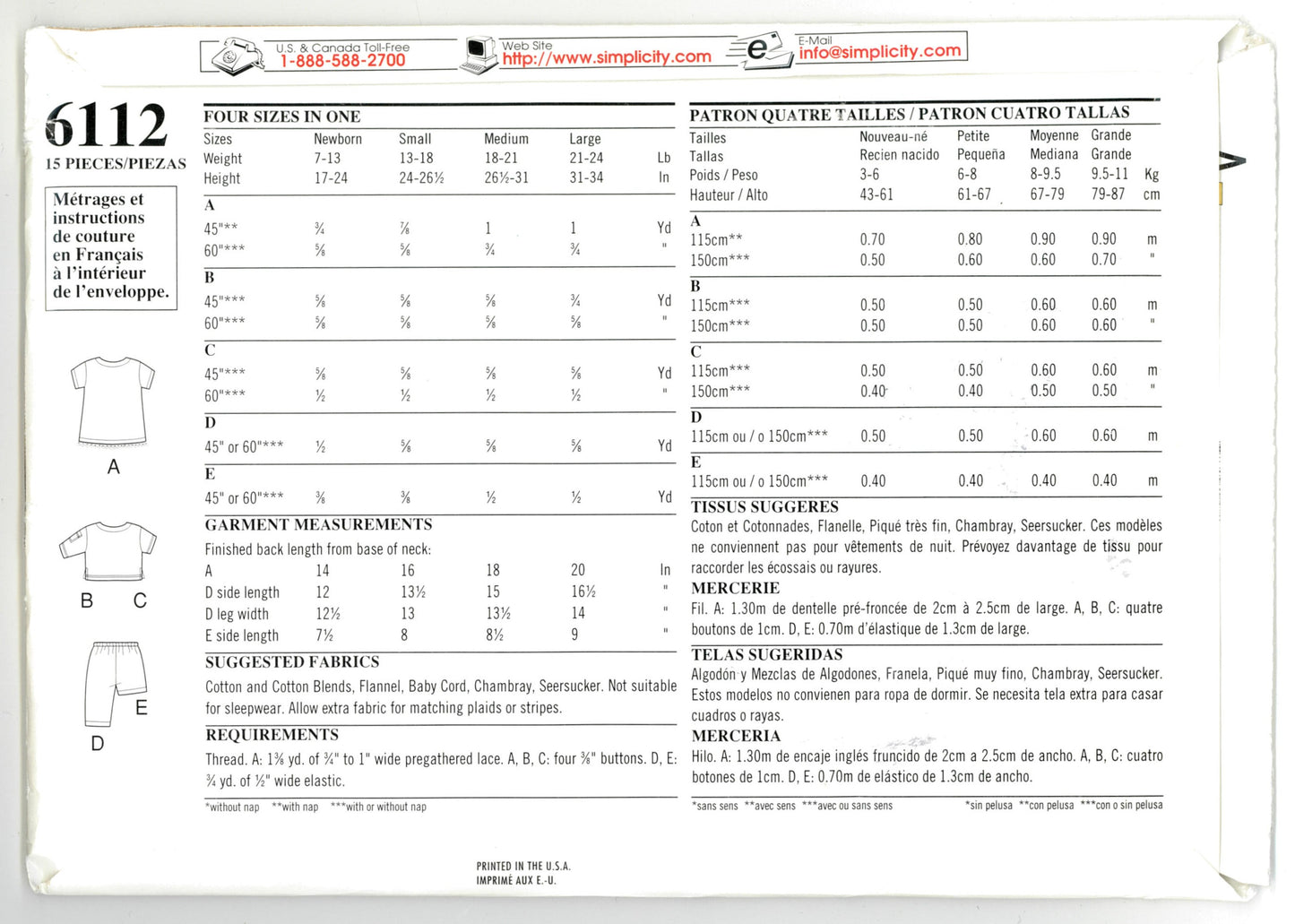 New look 6112 Infants and Toddlers Pajama Top Pants and Shorts Sewing Pattern UNCUT Size NB S M L